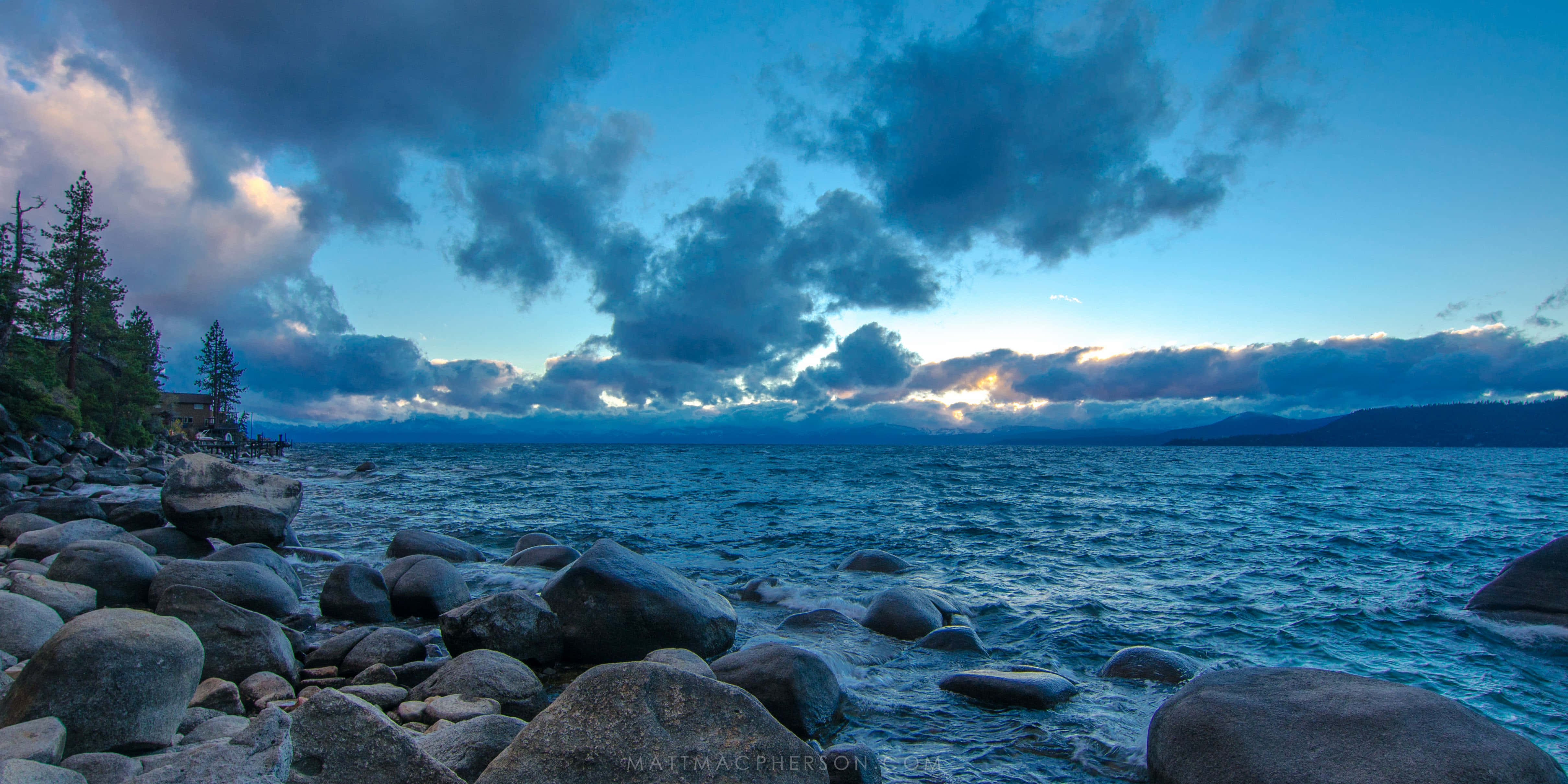 Lake Tahoe, twilight sky, purple and gold clouds, 4K Desktop Wallpaper