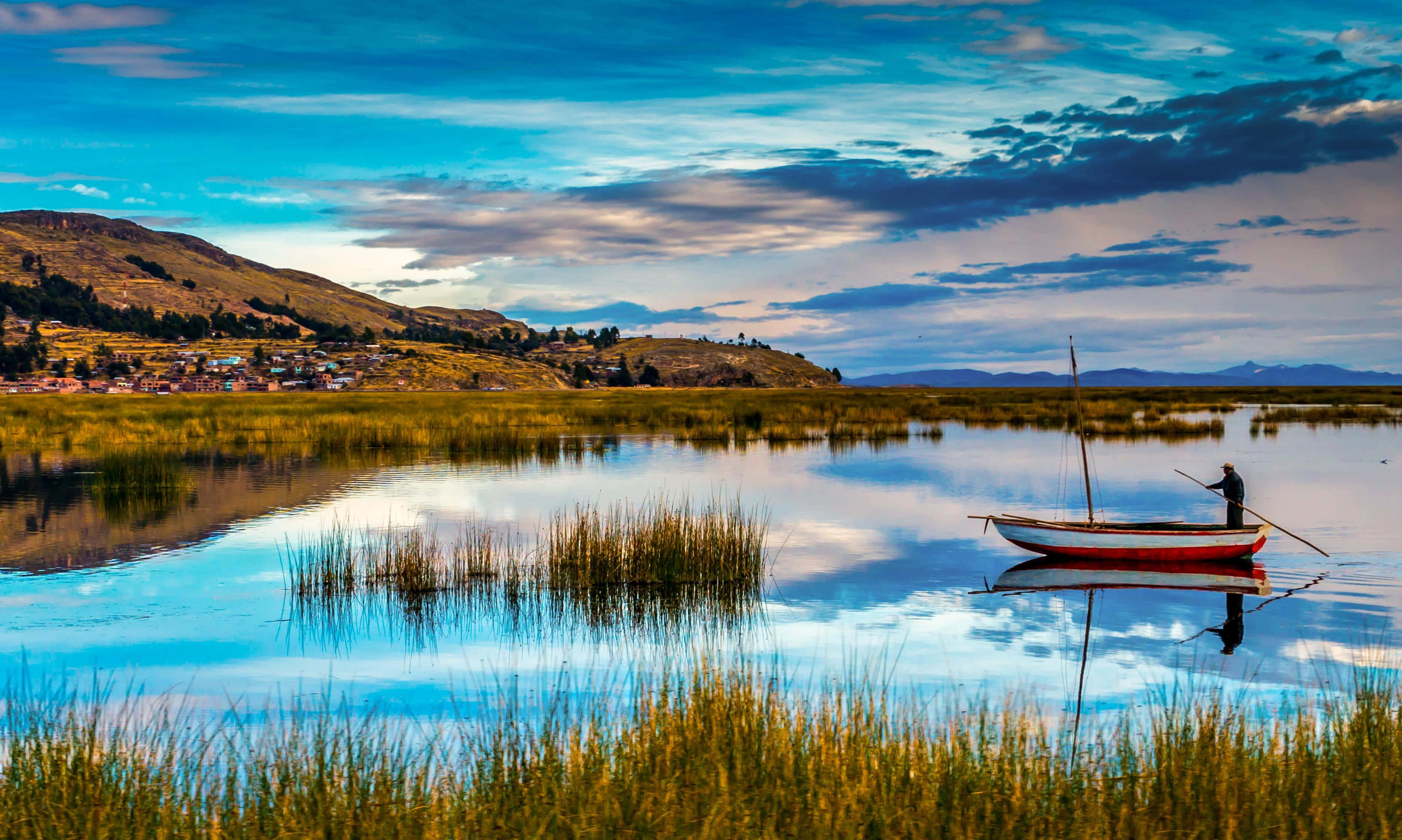 Lake Titicaca, mystic sunrise, red boat, 2K Desktop Wallpaper