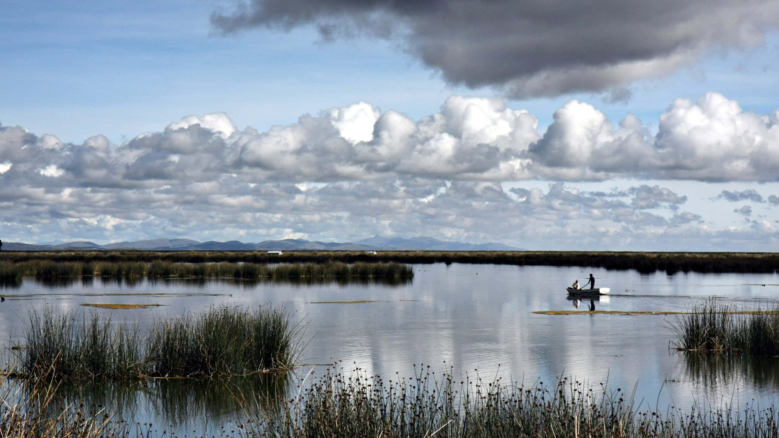 Lake Titicaca, shallow waters off the shore of Lake Titicaca, lone fisherman, 2K Desktop Wallpaper