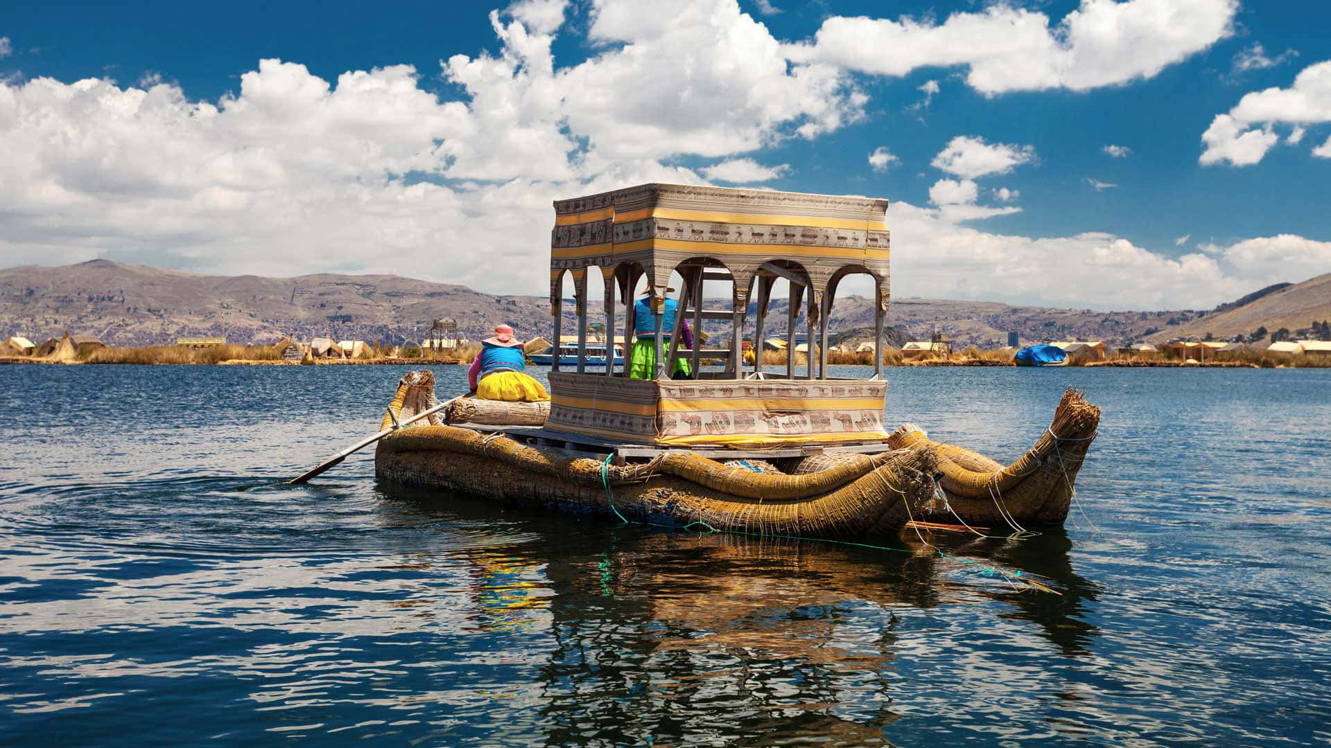 Lake Titicaca, traditional reed boat, wooden canopy, Full HD Desktop Wallpaper