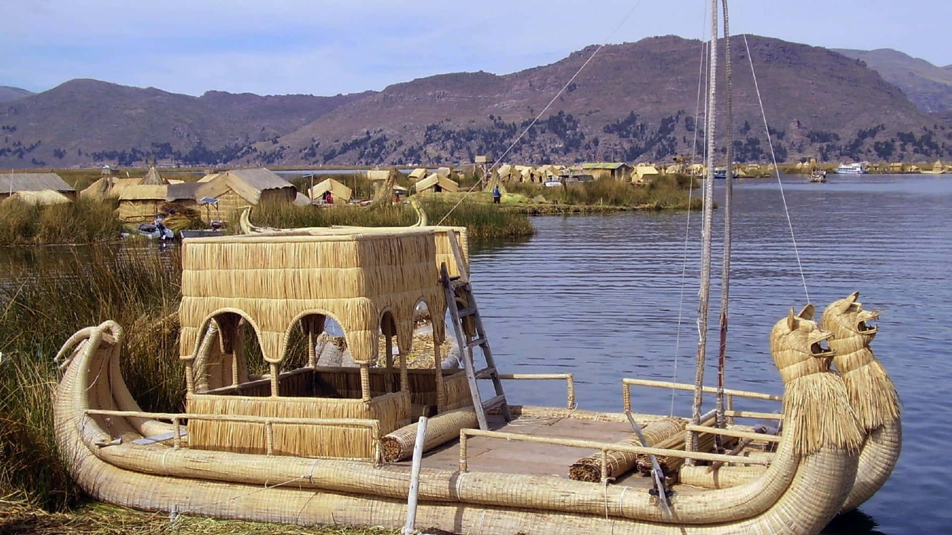 tourist boat, Lake Titicaca, reed boat, Full HD Desktop Wallpaper