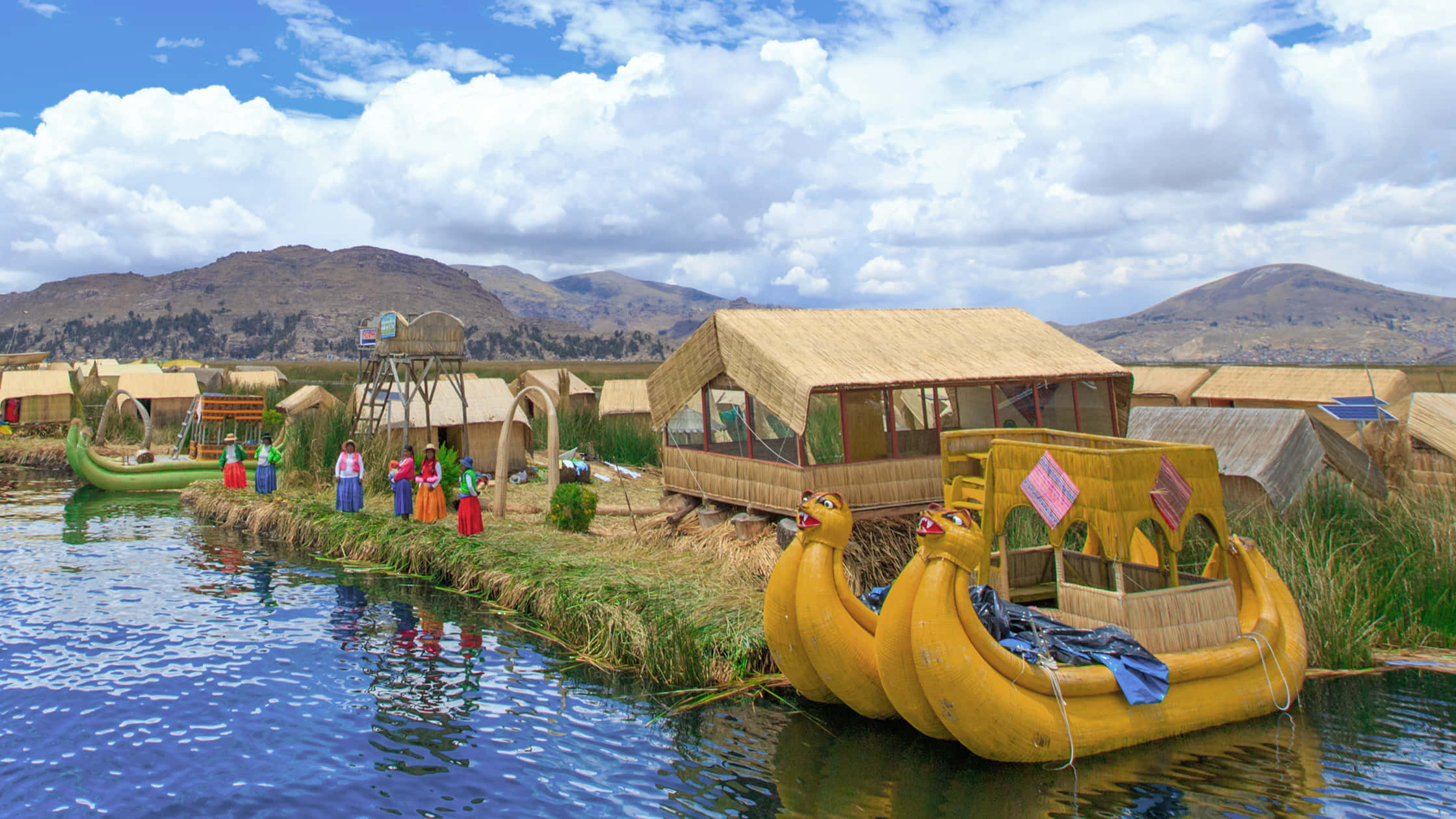 Lake Titicaca, sunrise, vibrant yellow reed boats, Full HD Desktop Wallpaper