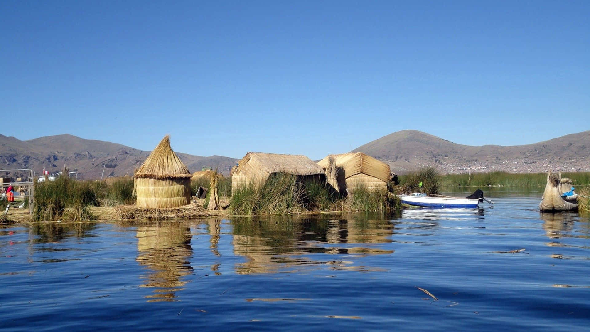 Lake Titicaca, reed houses, calm lake, Full HD Desktop Wallpaper