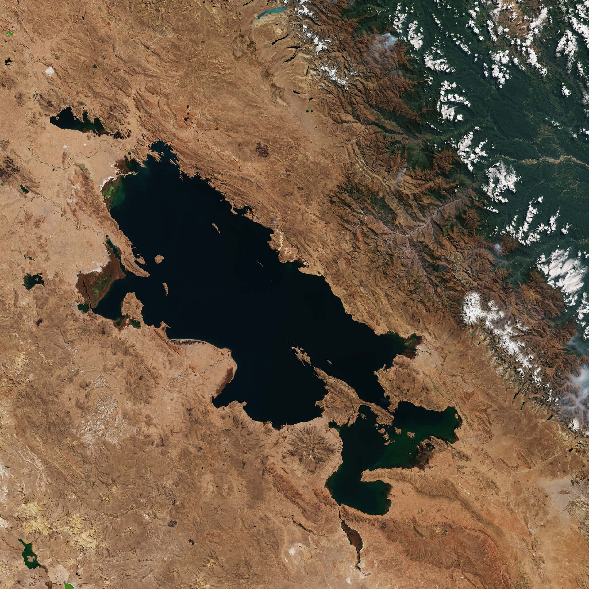 Lake Titicaca, satellite view, dark lake, Full HD Desktop Wallpaper