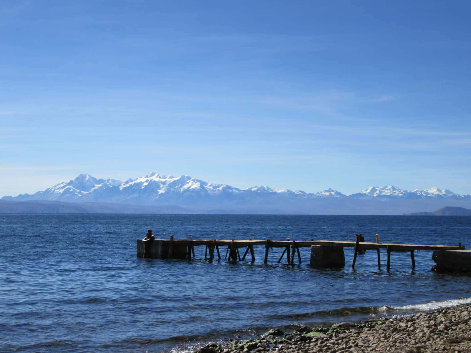 Lake Titicaca, mountain range, weathered wooden pier, HD Desktop Wallpaper