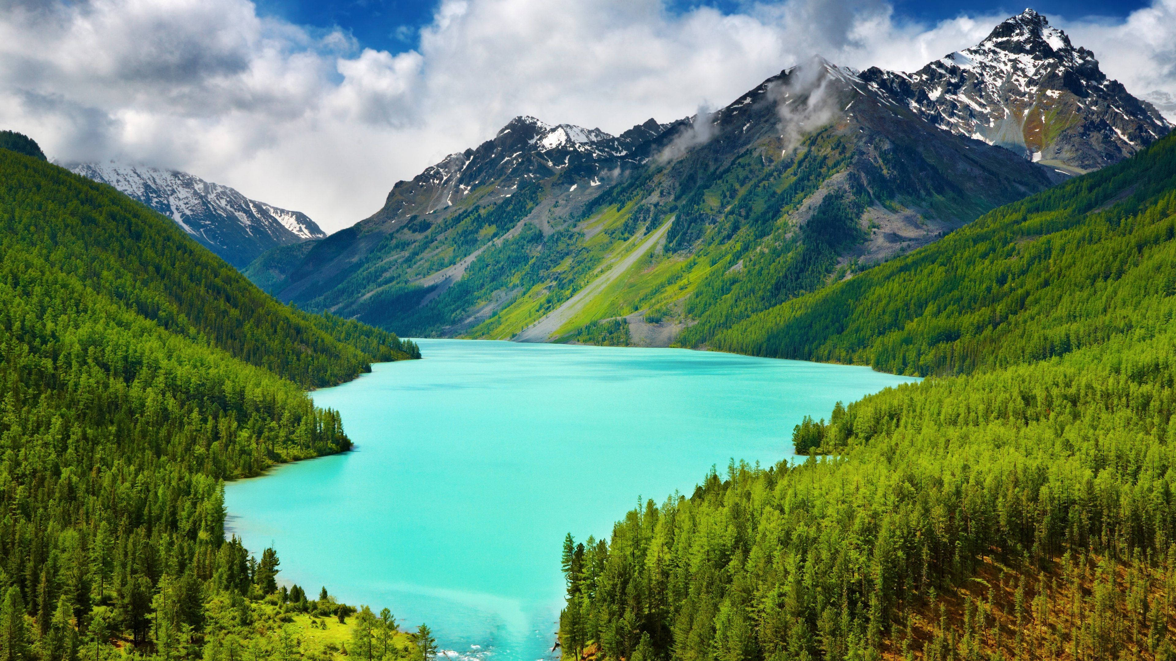 blue lake, turquoise lake, lush green forests, 4K Desktop Wallpaper