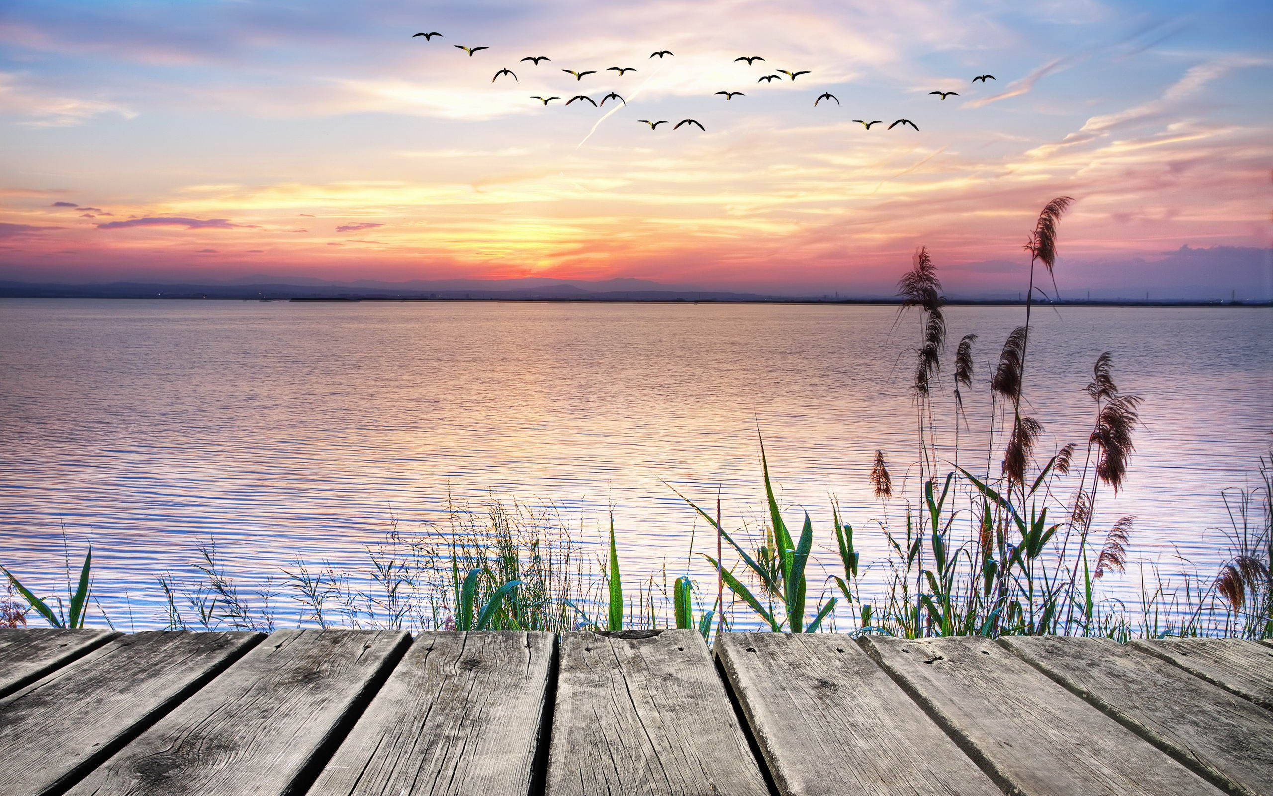 Lake View, sunset, wooden dock, 2K Desktop Wallpaper