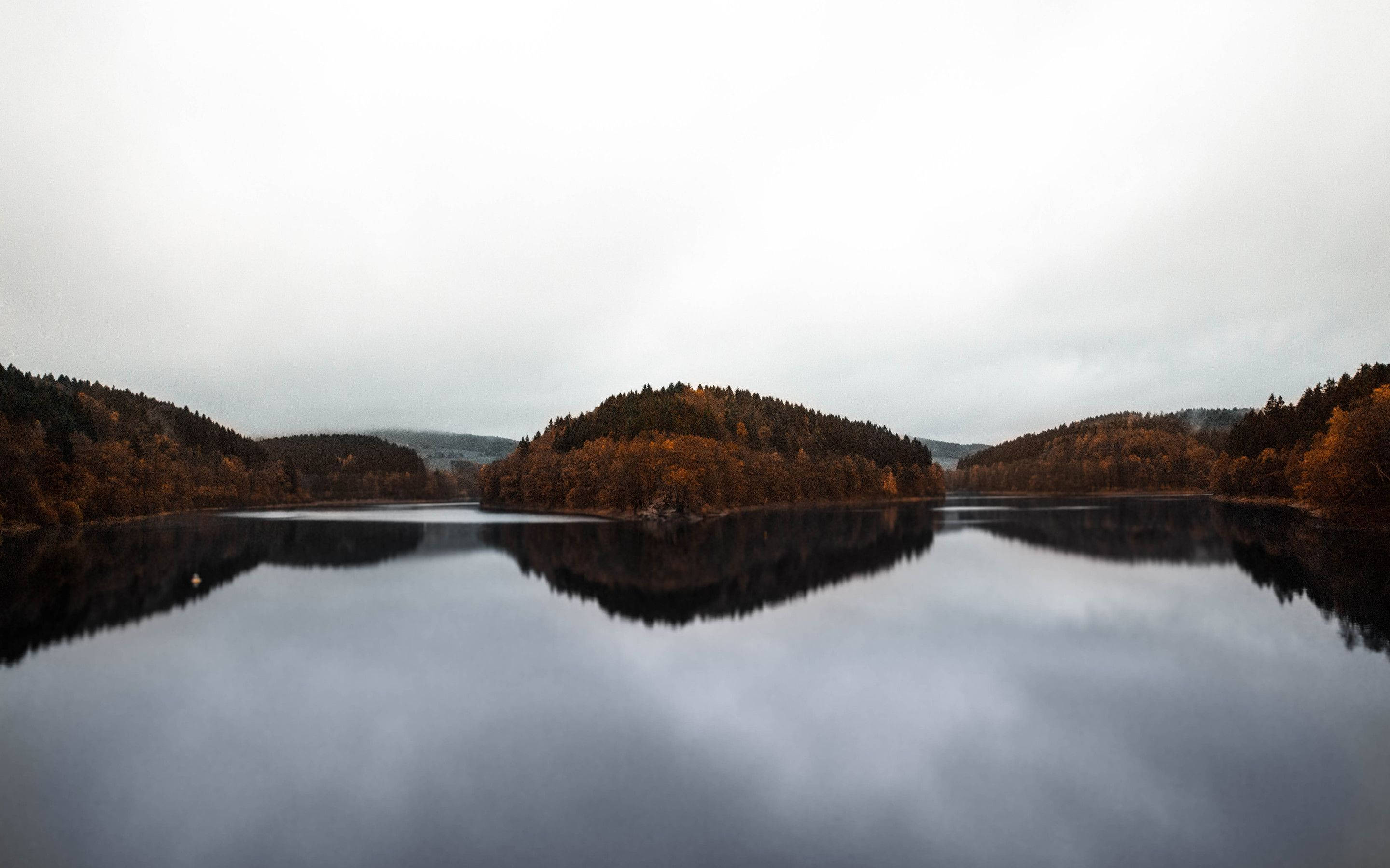 Lake View, autumn-hued forests, overcast sky, 2K Desktop Wallpaper
