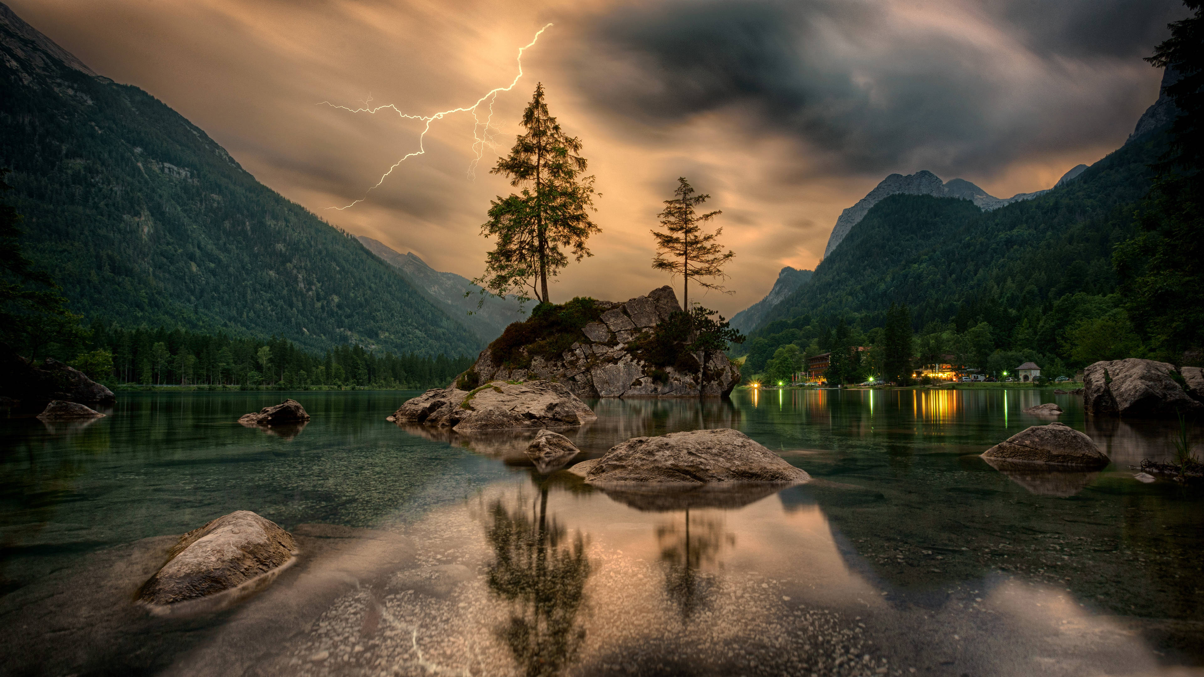 Dark Lake, mountain lake, rocky island, 4K Desktop Wallpaper