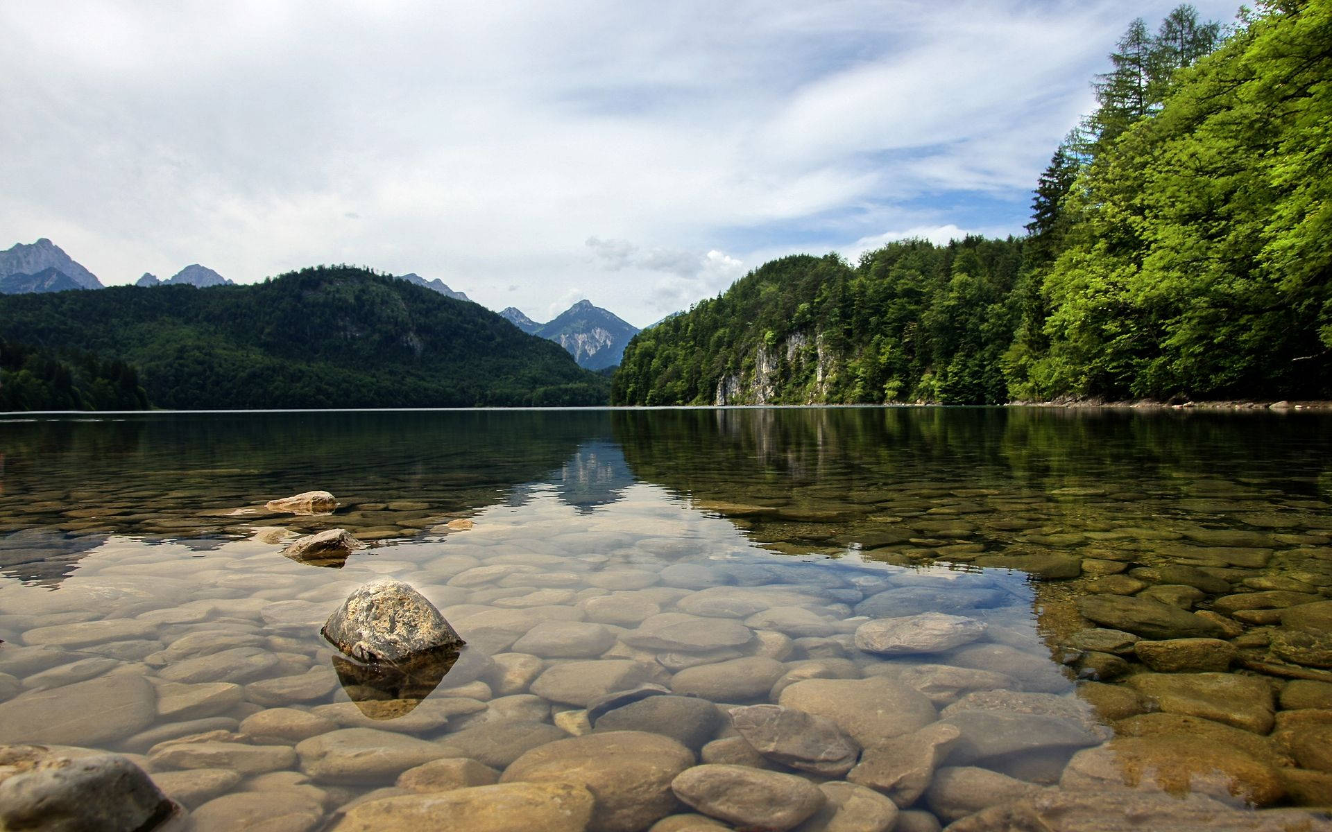 Lake View, crystal clear water, smooth stones, Full HD Desktop Wallpaper