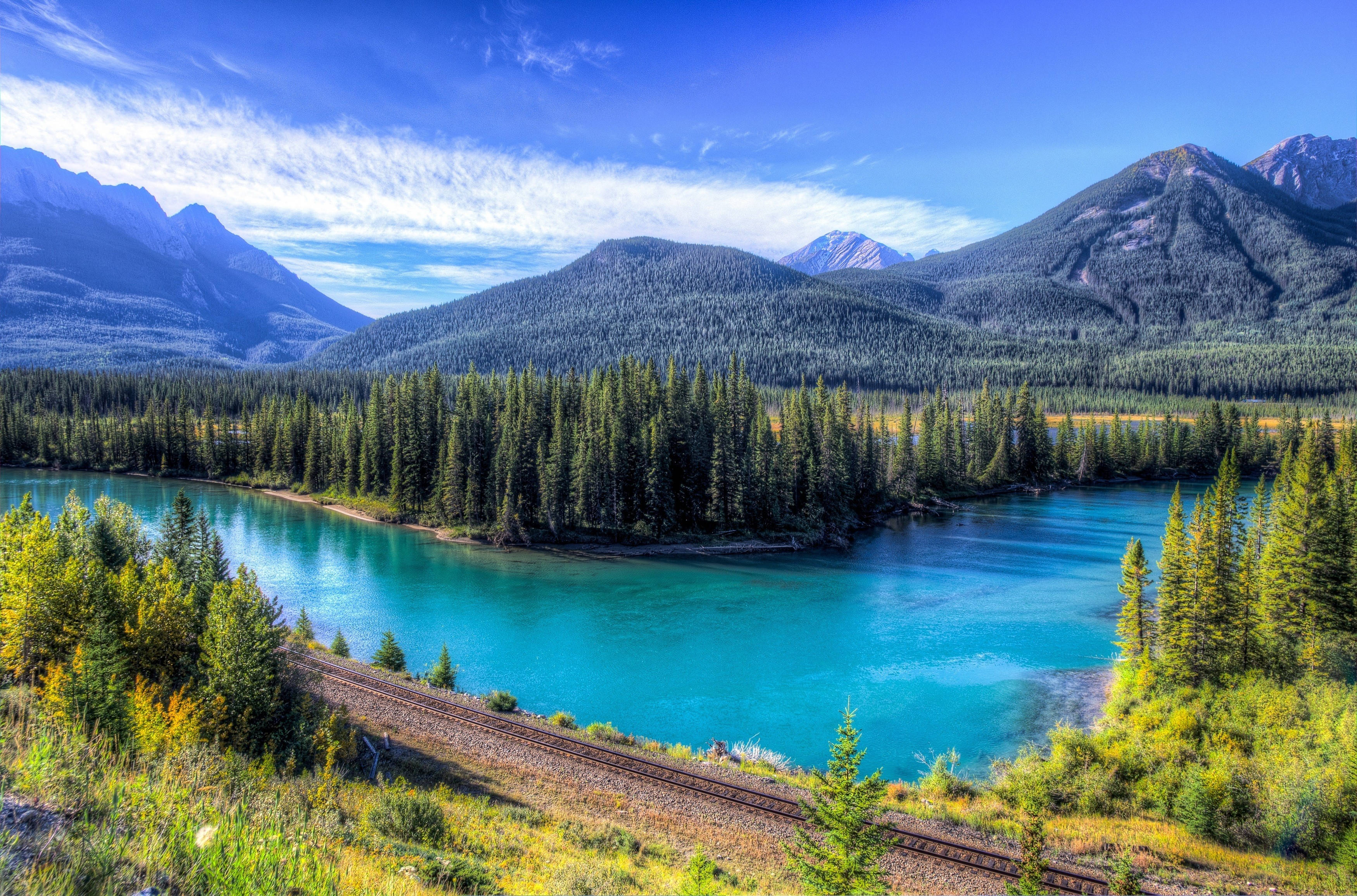 mountain lake, turquoise river, forested valley, 2K Desktop Wallpaper