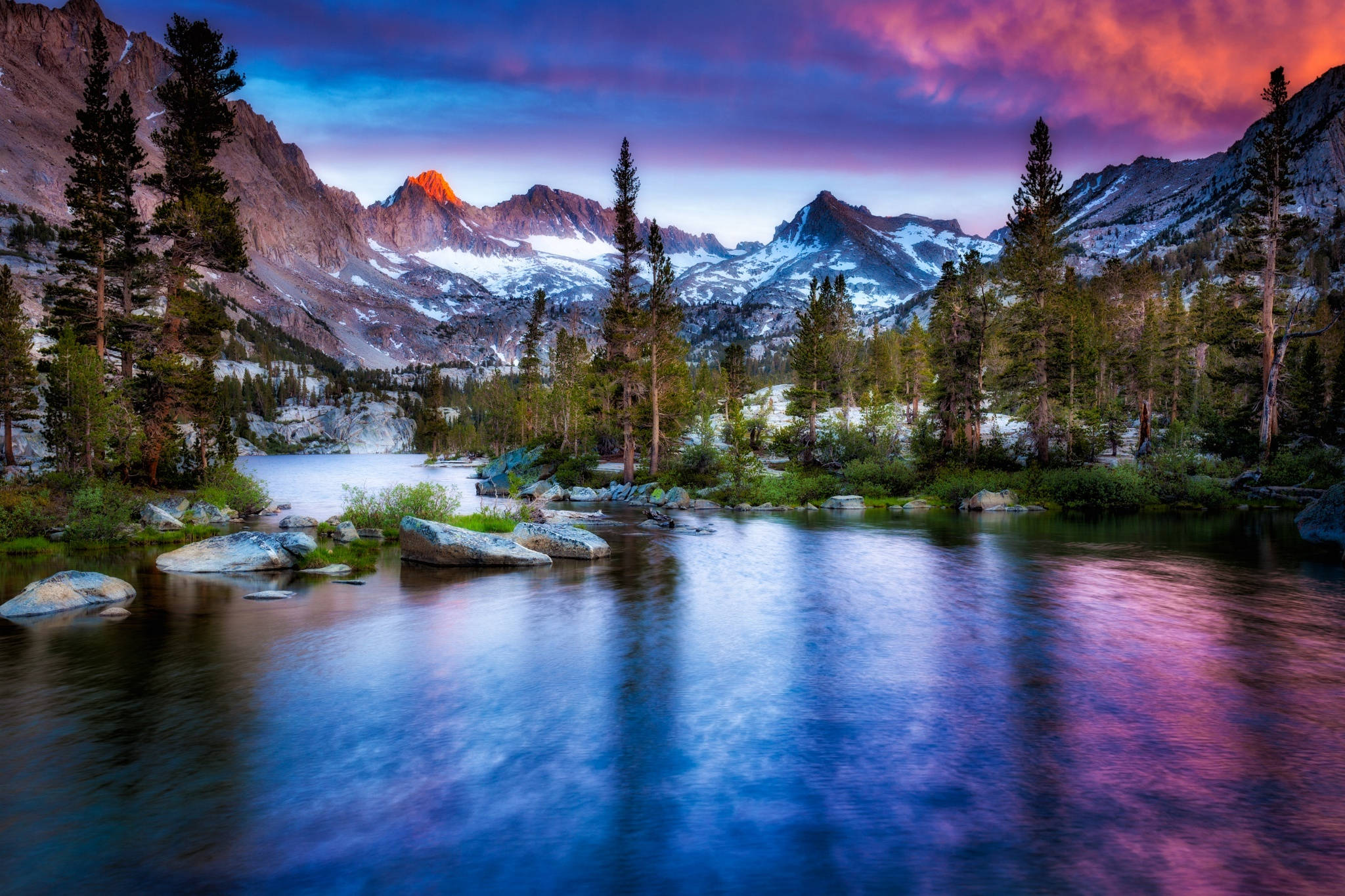 clear lake, vibrant pink and purple sunset, snow-capped peaks, Full HD Desktop Wallpaper