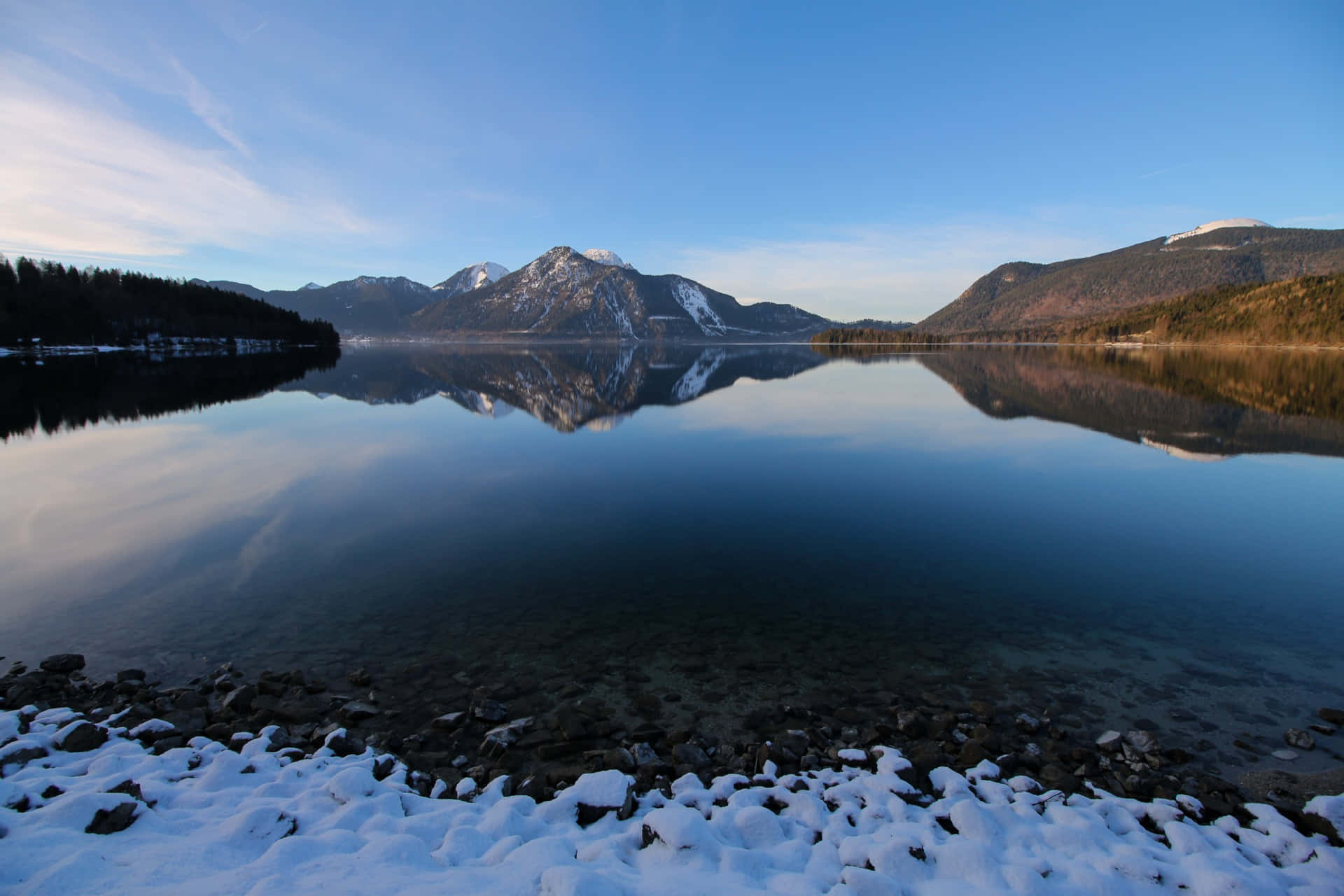 snow, rocky shores, calm lake, Full HD Desktop Wallpaper