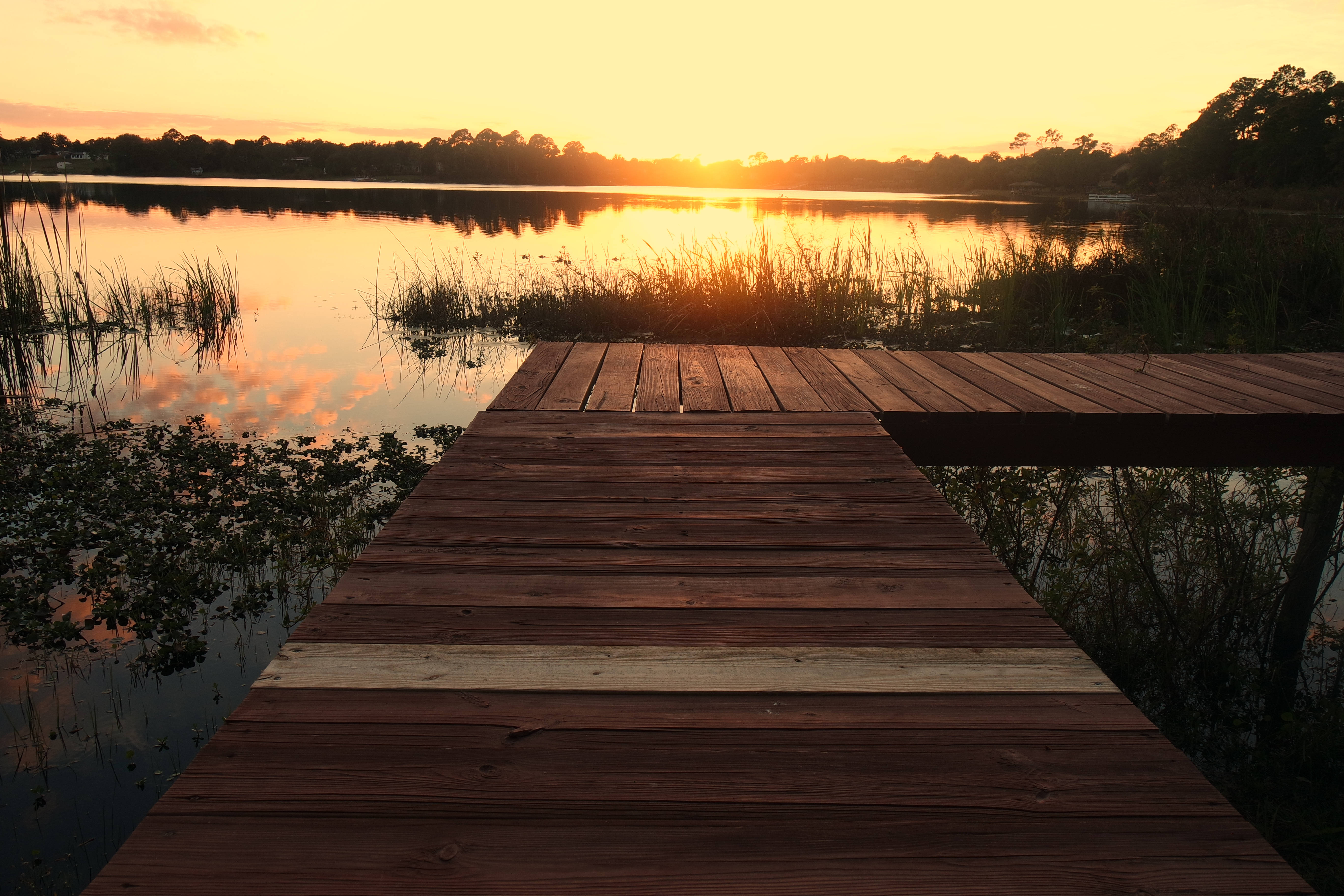 lake, sunset, wooden dock, 5K Desktop Wallpaper