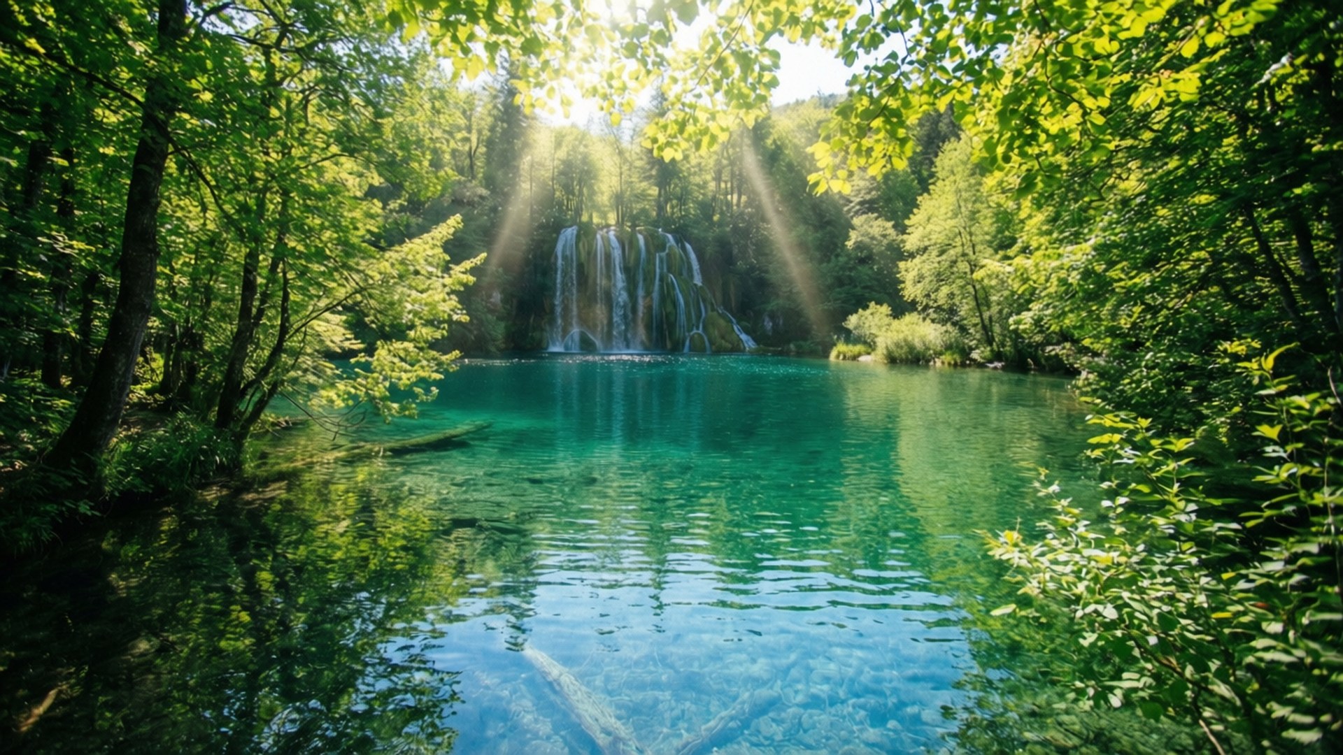 summer forest lake, sunlight, lush green trees, Full HD Desktop Wallpaper