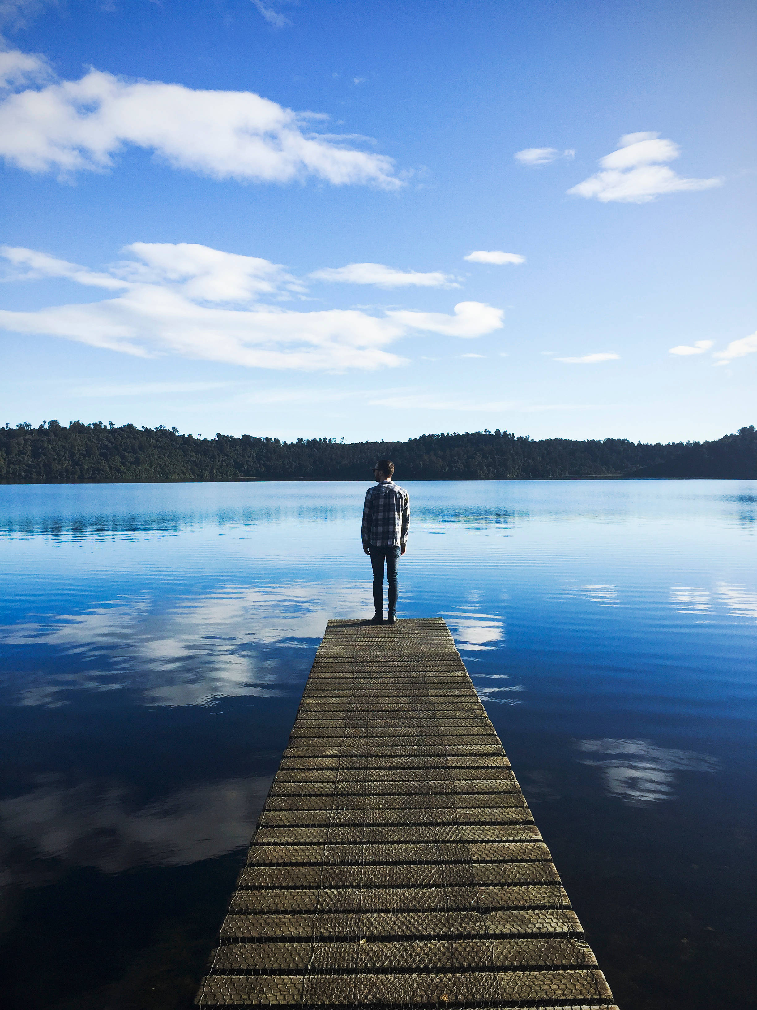 lake, wooden dock, mirror-like lake, 2K Phone Wallpaper