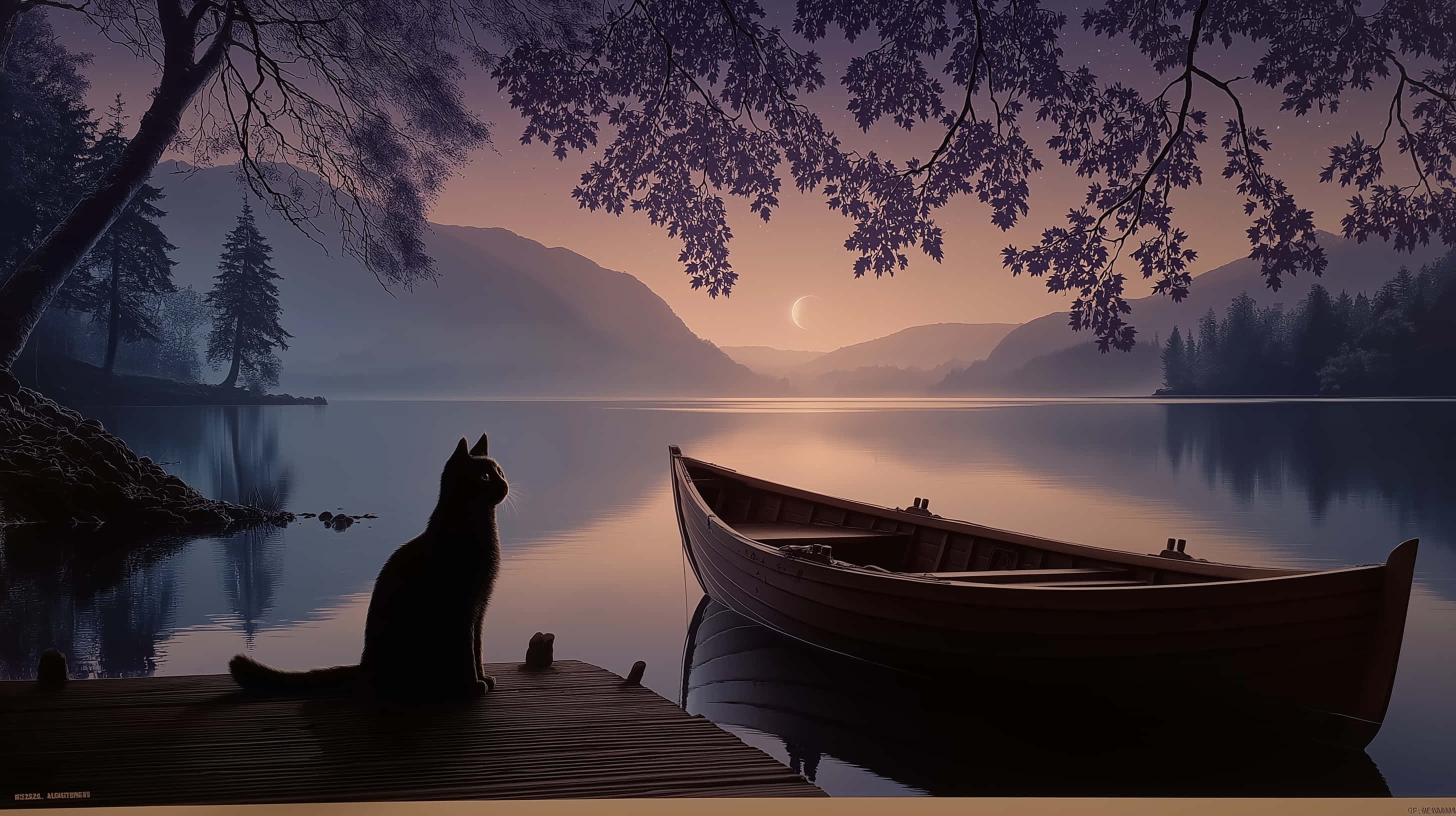 black cat, wooden dock, rowboat, 2K Desktop Wallpaper