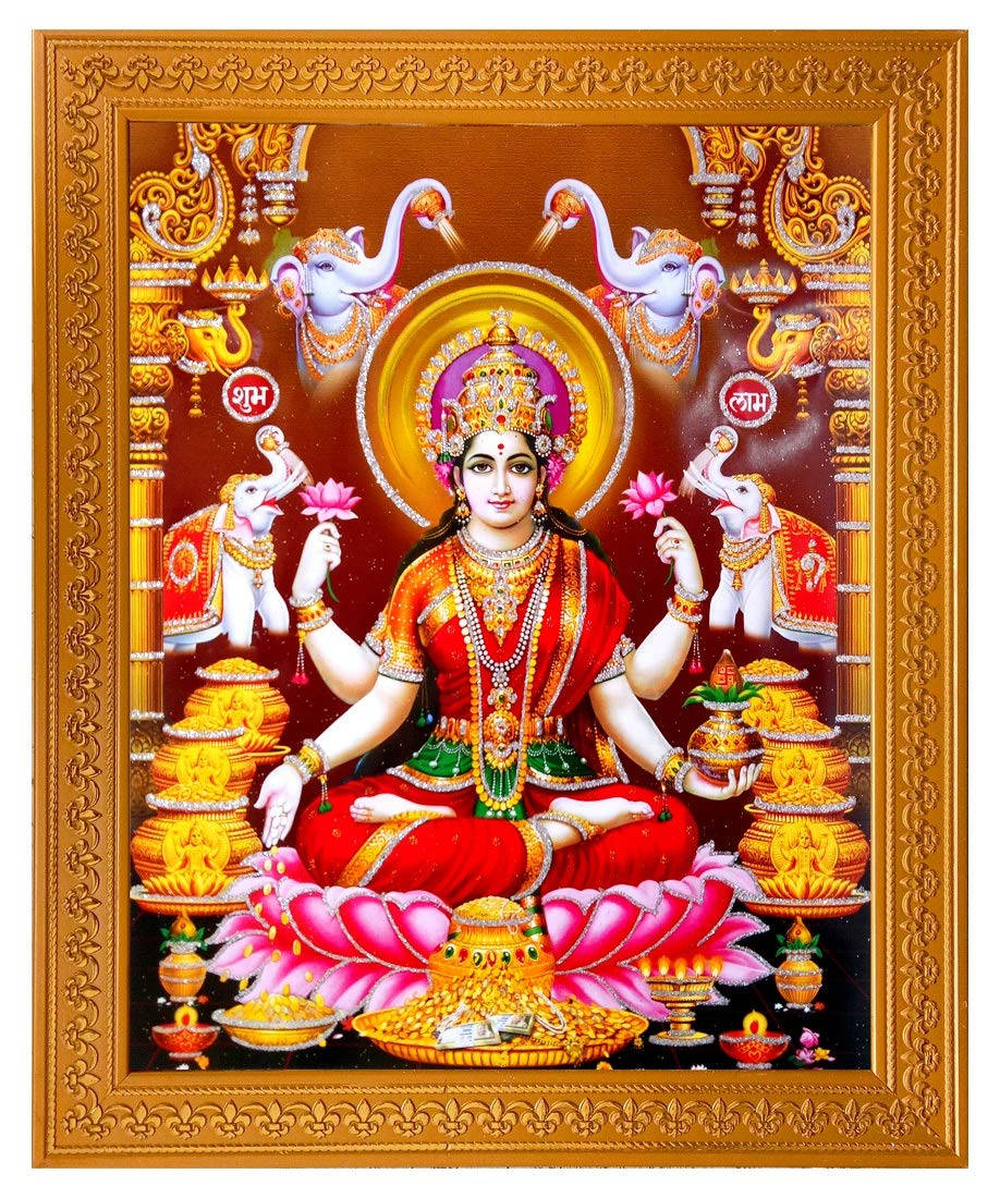 Lakshmi Devi, golden frame, red and gold, SD Phone Wallpaper