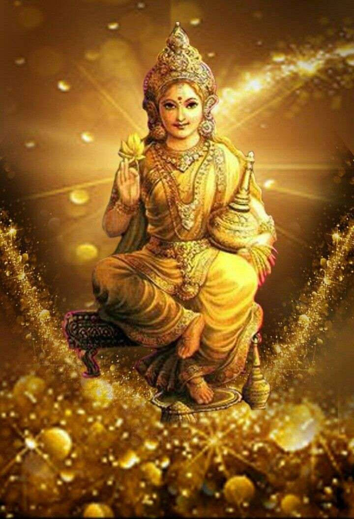 Golden Lakshmi Devi, throne, sparkling particles, SD Phone Wallpaper