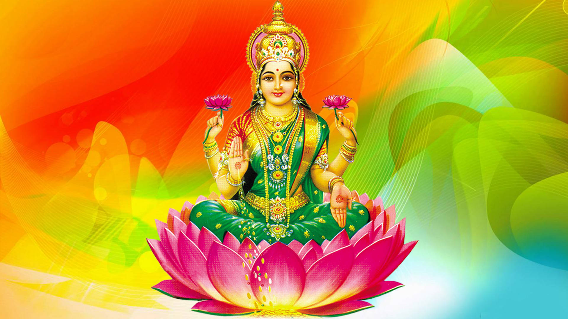 Lakshmi Devi, green and gold, vibrant pink lotus, Full HD Desktop Wallpaper