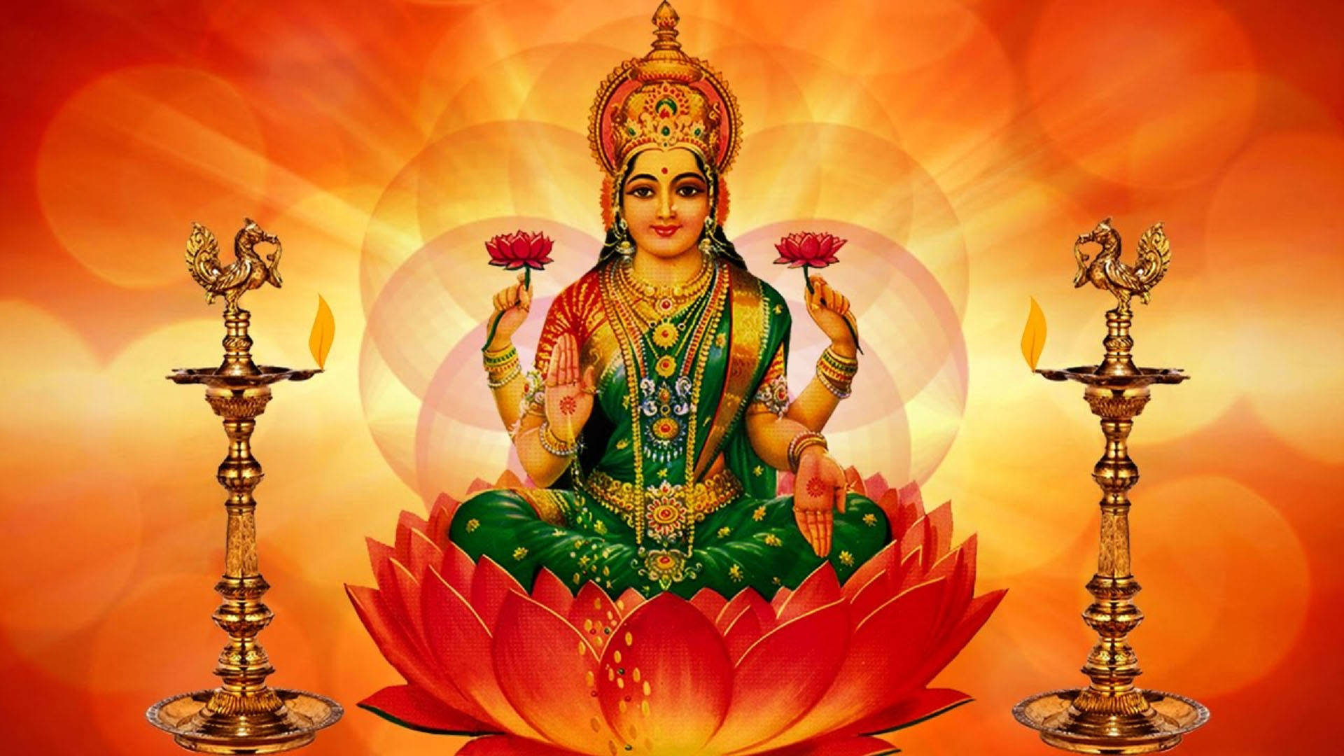 Lakshmi Devi, red lotus, pink lotuses, Full HD Desktop Wallpaper