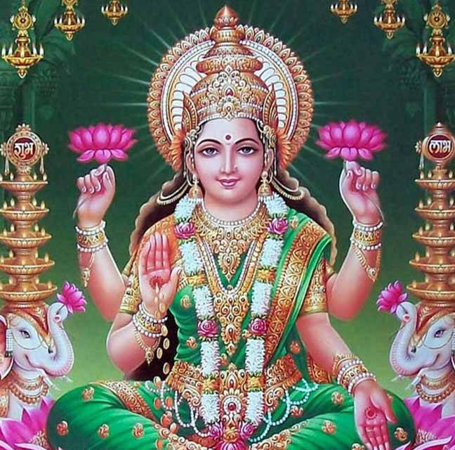 Lakshmi Devi, green and gold attire, pink lotuses, SD Desktop Wallpaper