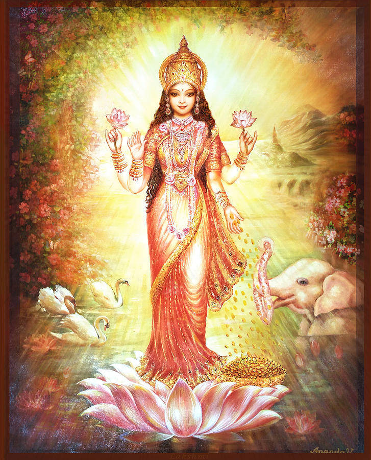 Lakshmi Devi, pink lotus, swans, SD Phone Wallpaper