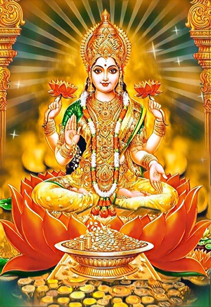 Lakshmi Devi, golden deity, multiple arms, SD Phone Wallpaper