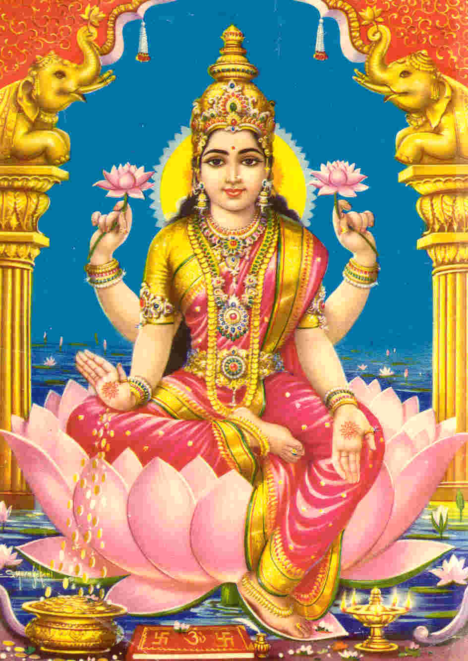 Lakshmi Devi, four-armed Hindu goddess, pink and gold, HD Phone Wallpaper