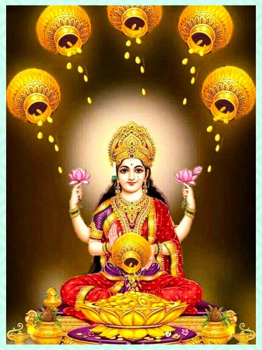 Lakshmi Devi, red and gold attire, pink lotuses, SD Phone Wallpaper