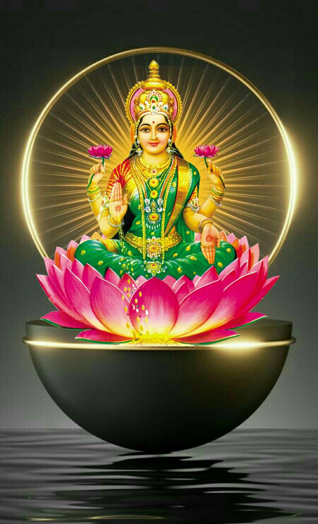 Lakshmi Devi, floating lotus, glowing pink lotus, HD Phone Wallpaper