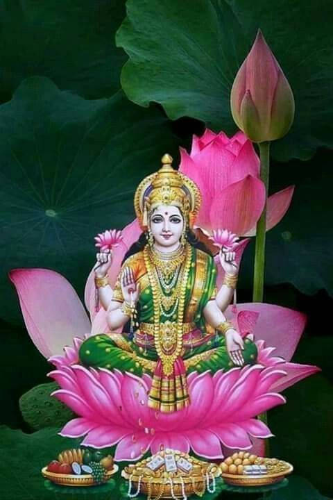 Lakshmi Devi, gold, green, SD Phone Wallpaper