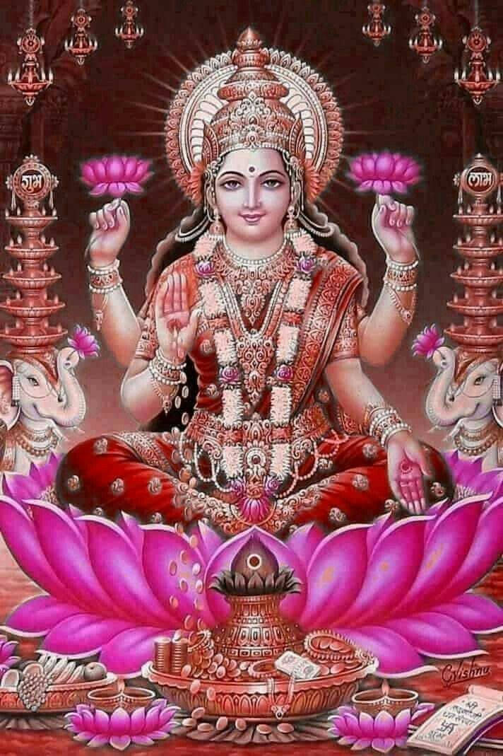 Lakshmi Devi, red and gold jewelry, pink lotus, SD Phone Wallpaper