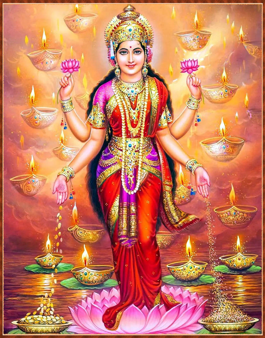 Lakshmi Devi, red and gold attire, pink lotus, SD Phone Wallpaper