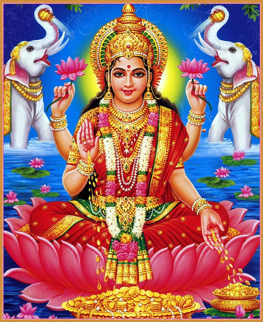 Lakshmi Devi, pink lotus, elephants spraying water, SD Phone Wallpaper