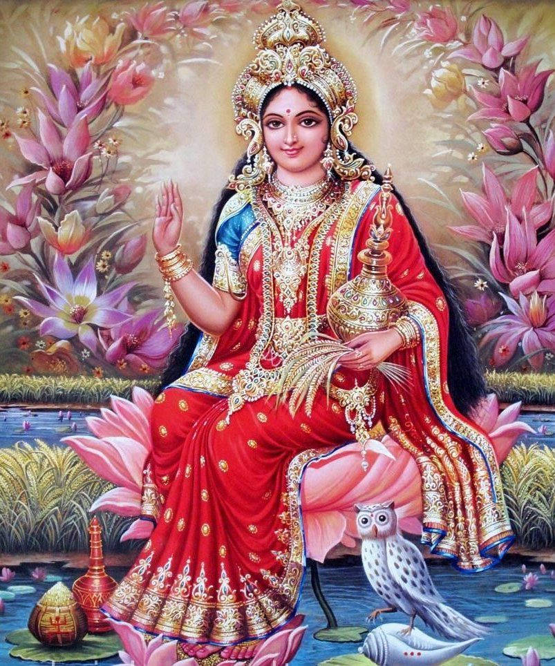 Lakshmi Devi, pink lotus, ornate red and gold attire, SD Phone Wallpaper