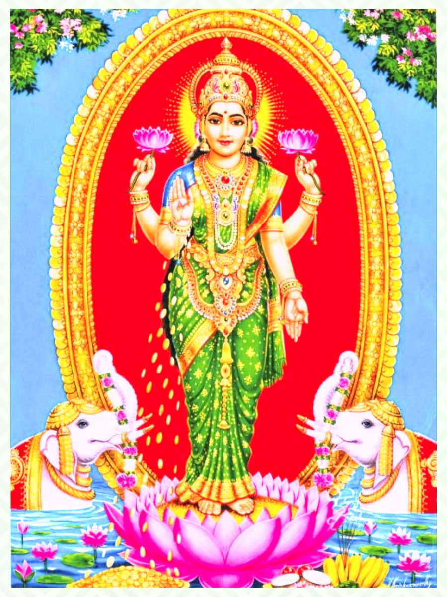 Lakshmi, green and gold, pink lotus, SD Phone Wallpaper