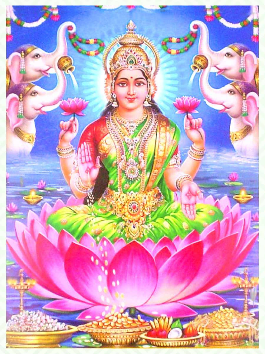 Lakshmi Devi, four elephants, gold and green, SD Phone Wallpaper