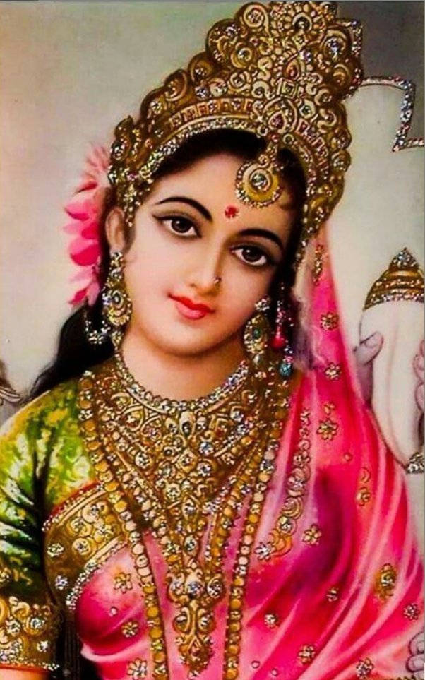 Lakshmi Devi, golden jewelry, pink and green sari, SD Phone Wallpaper