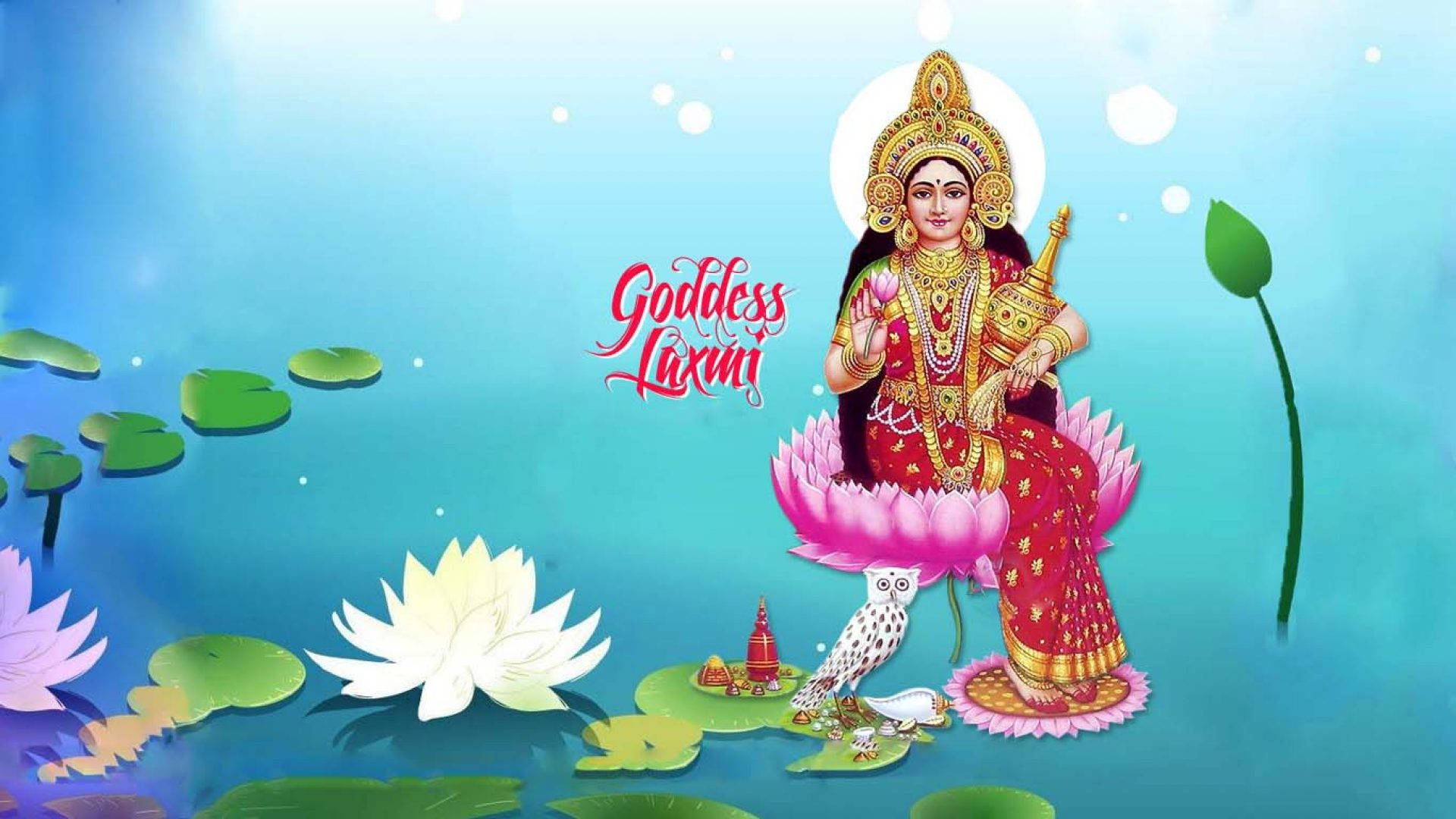 Lakshmi Devi, blue pond, pink lotus, Full HD Desktop Wallpaper
