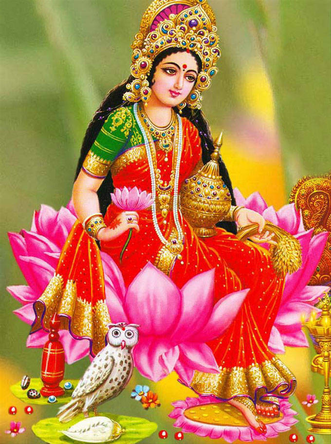 Lakshmi Devi, red and gold attire, pink lotus, SD Phone Wallpaper
