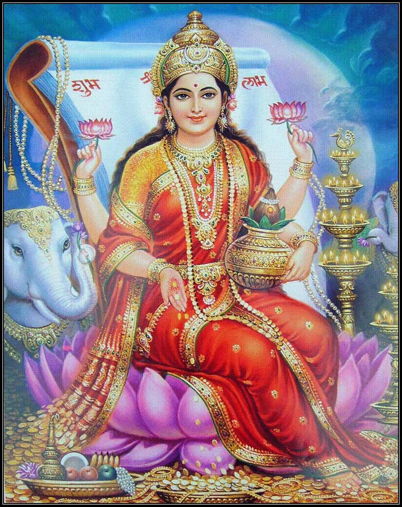 Lakshmi Devi, red and gold attire, purple lotus, SD Phone Wallpaper