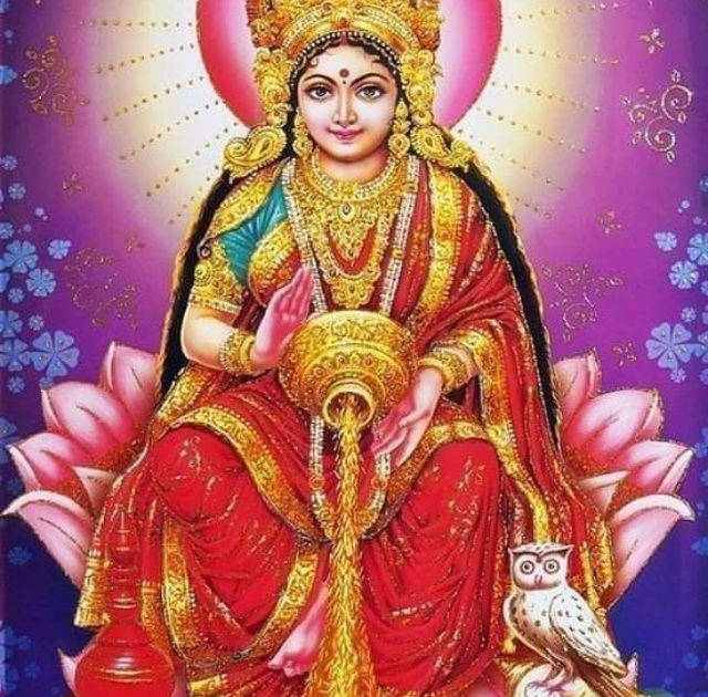 Lakshmi Devi, red and gold attire, pink lotus, SD Desktop Wallpaper