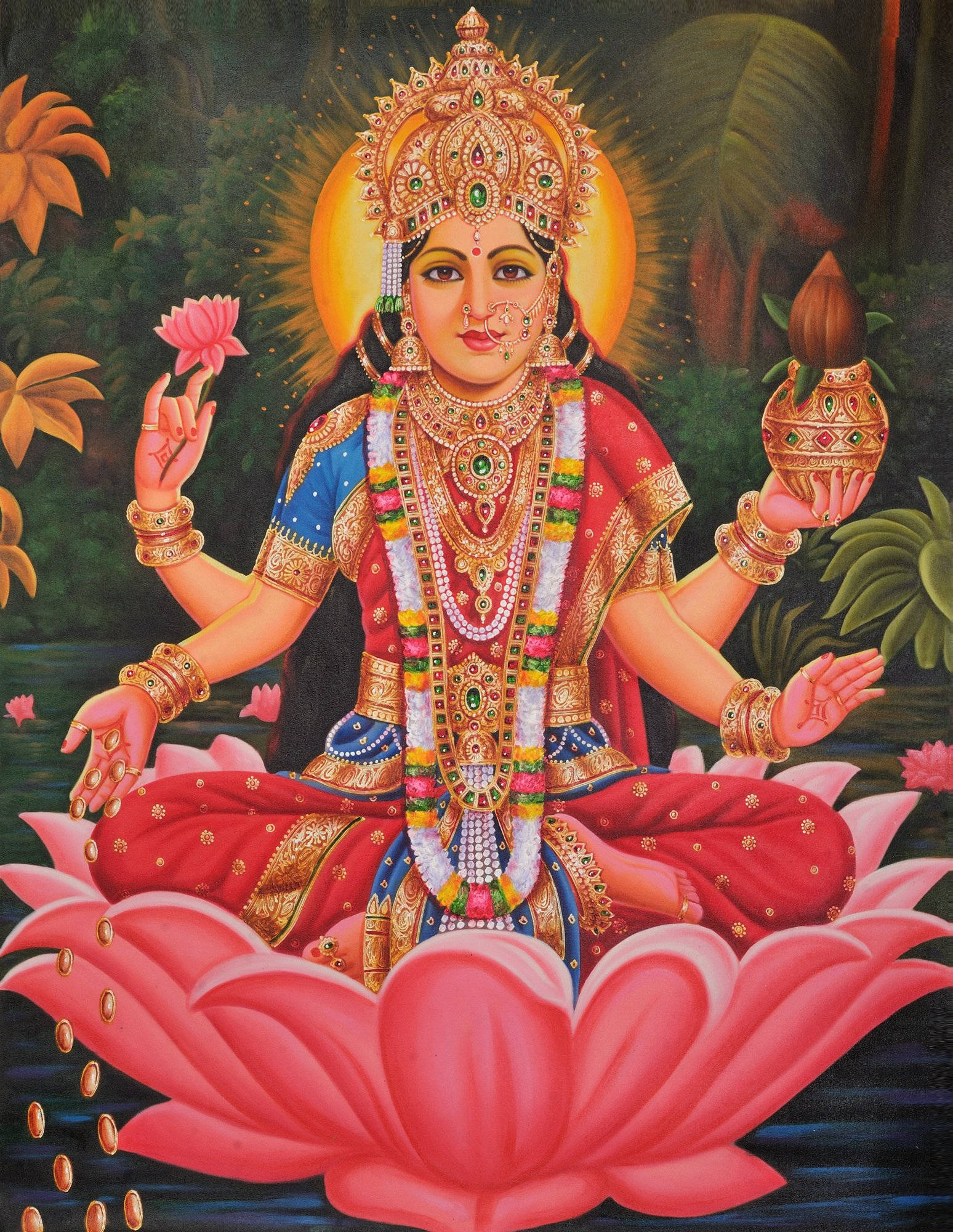 Lakshmi Devi, red and gold, giant pink lotus, Full HD Phone Wallpaper