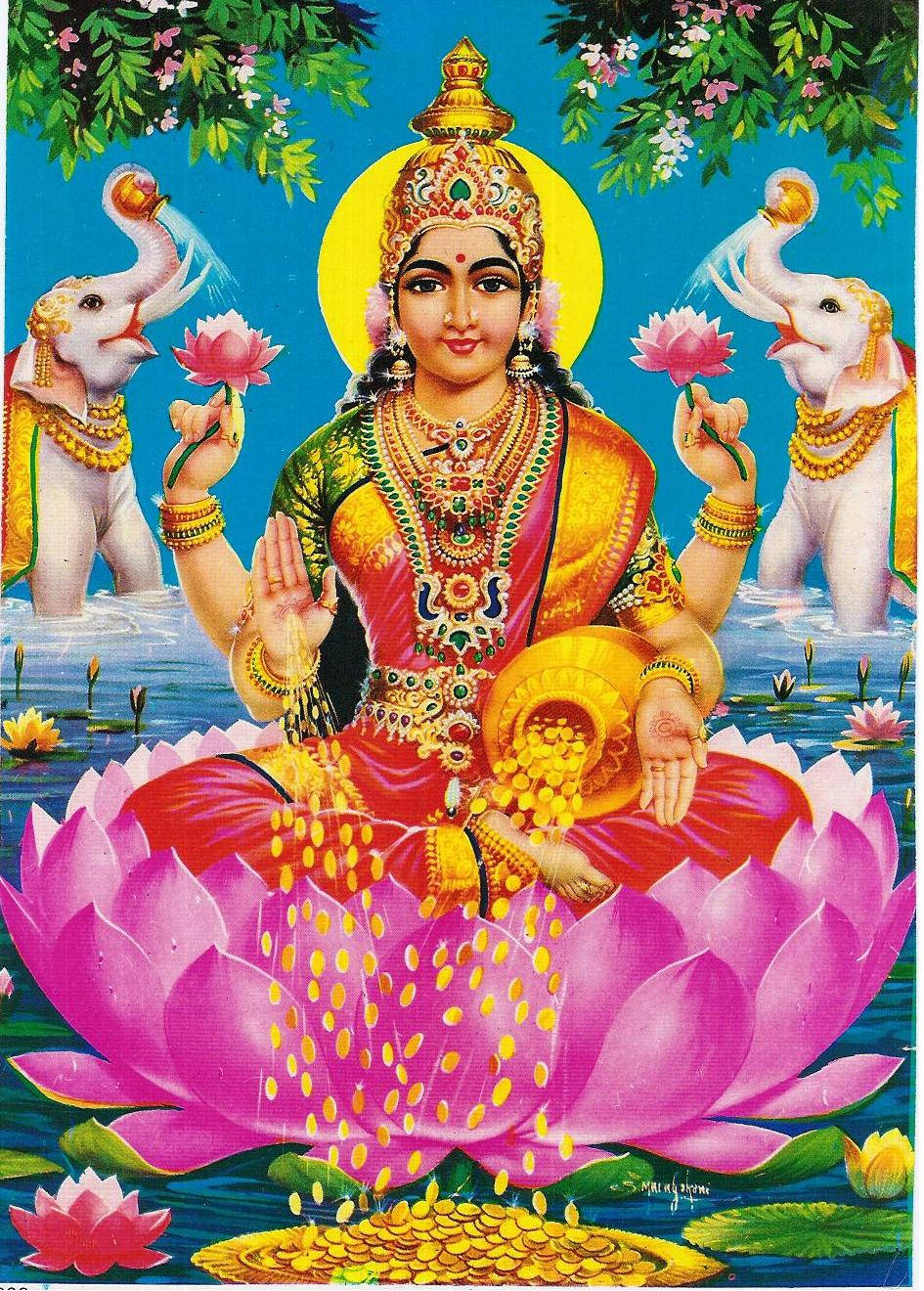 Lakshmi Devi, gold and jewels, giant pink lotus, HD Phone Wallpaper