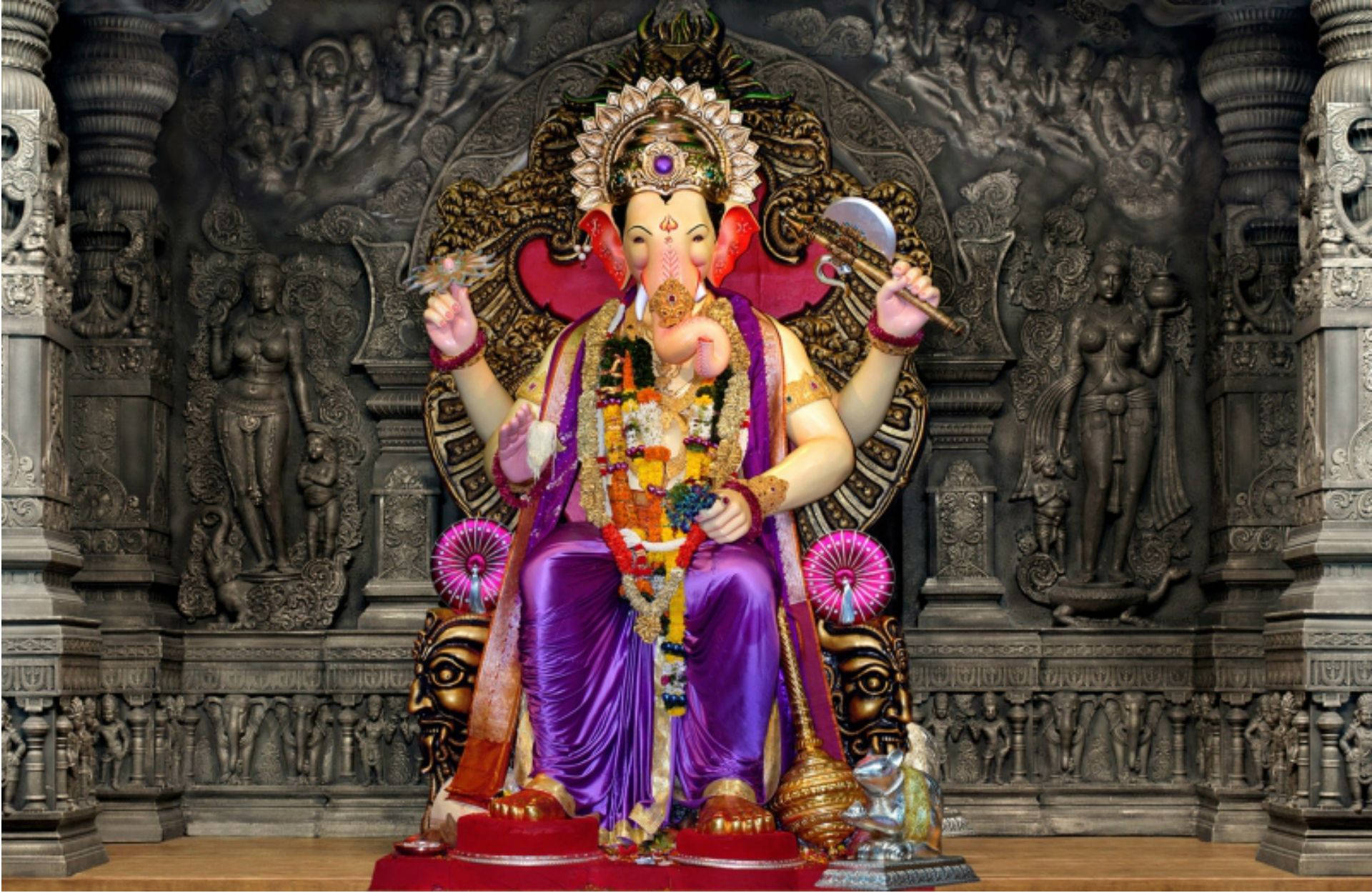 Lalbaugcha Raja, silver temple, purple-clad Ganesha statue, Full HD Desktop Wallpaper