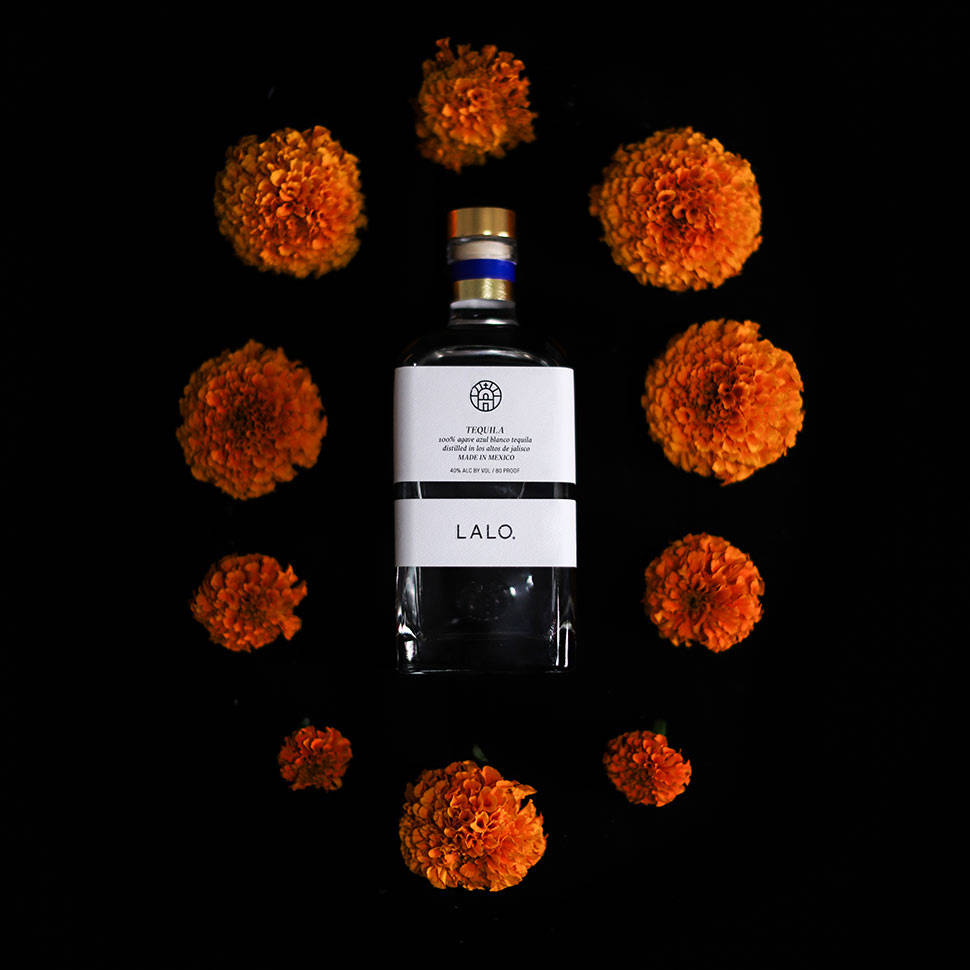 Lalo Tequila, marigold flowers, clear tequila bottle, SD Desktop Wallpaper