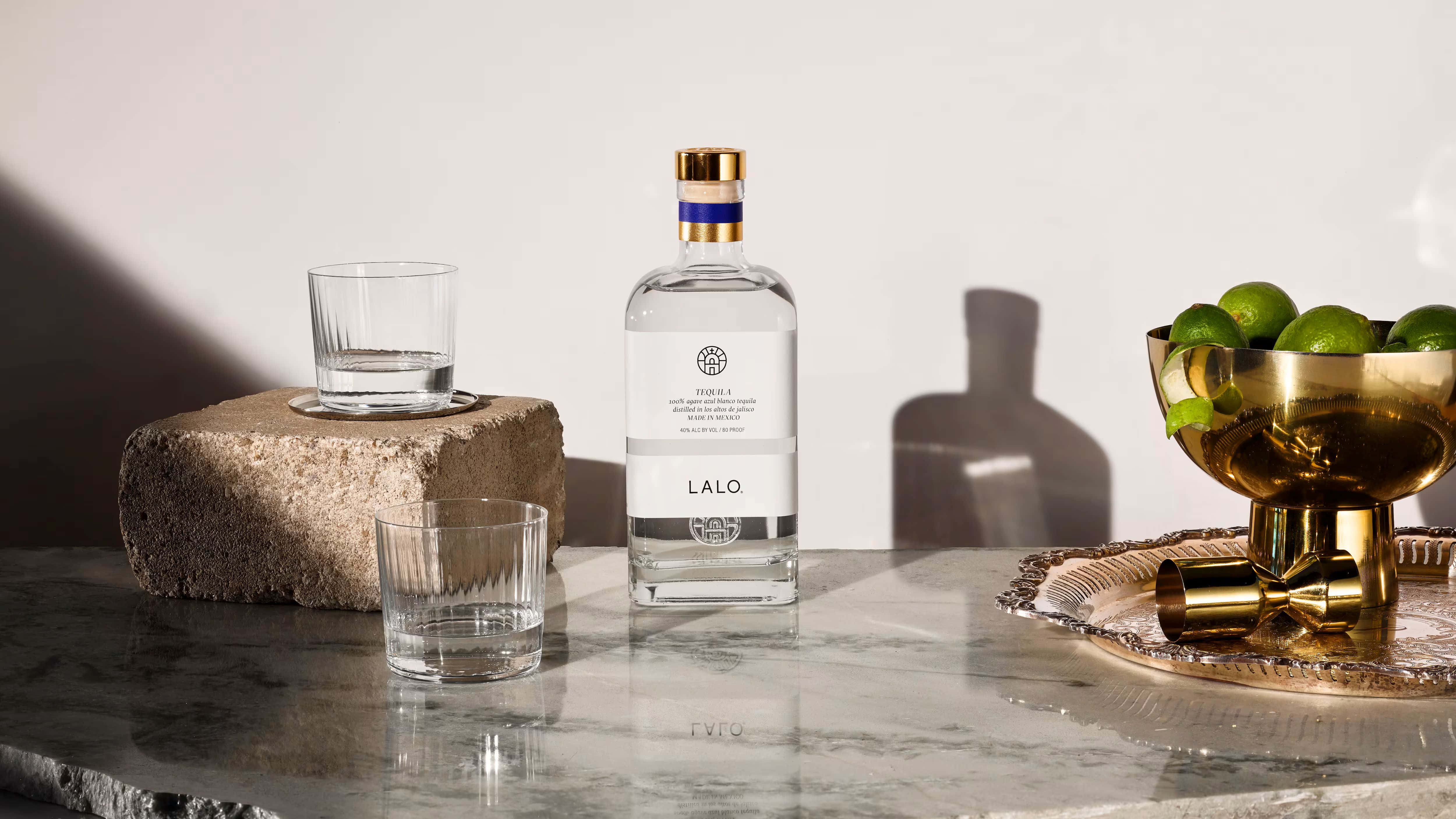 Lalo Tequila, marble countertop, two glasses, 4K Desktop Wallpaper
