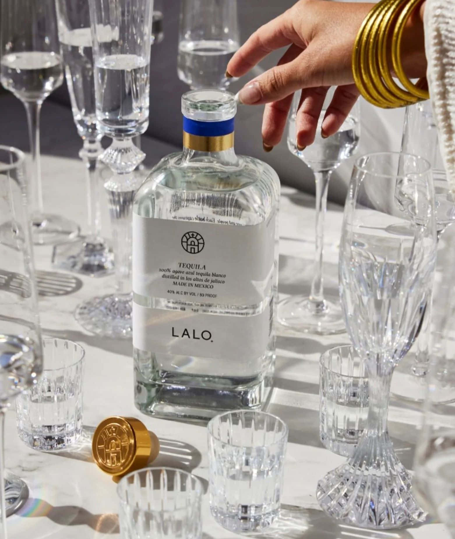Lalo tequila, crystal glasses, gold bangles, HD Phone Wallpaper