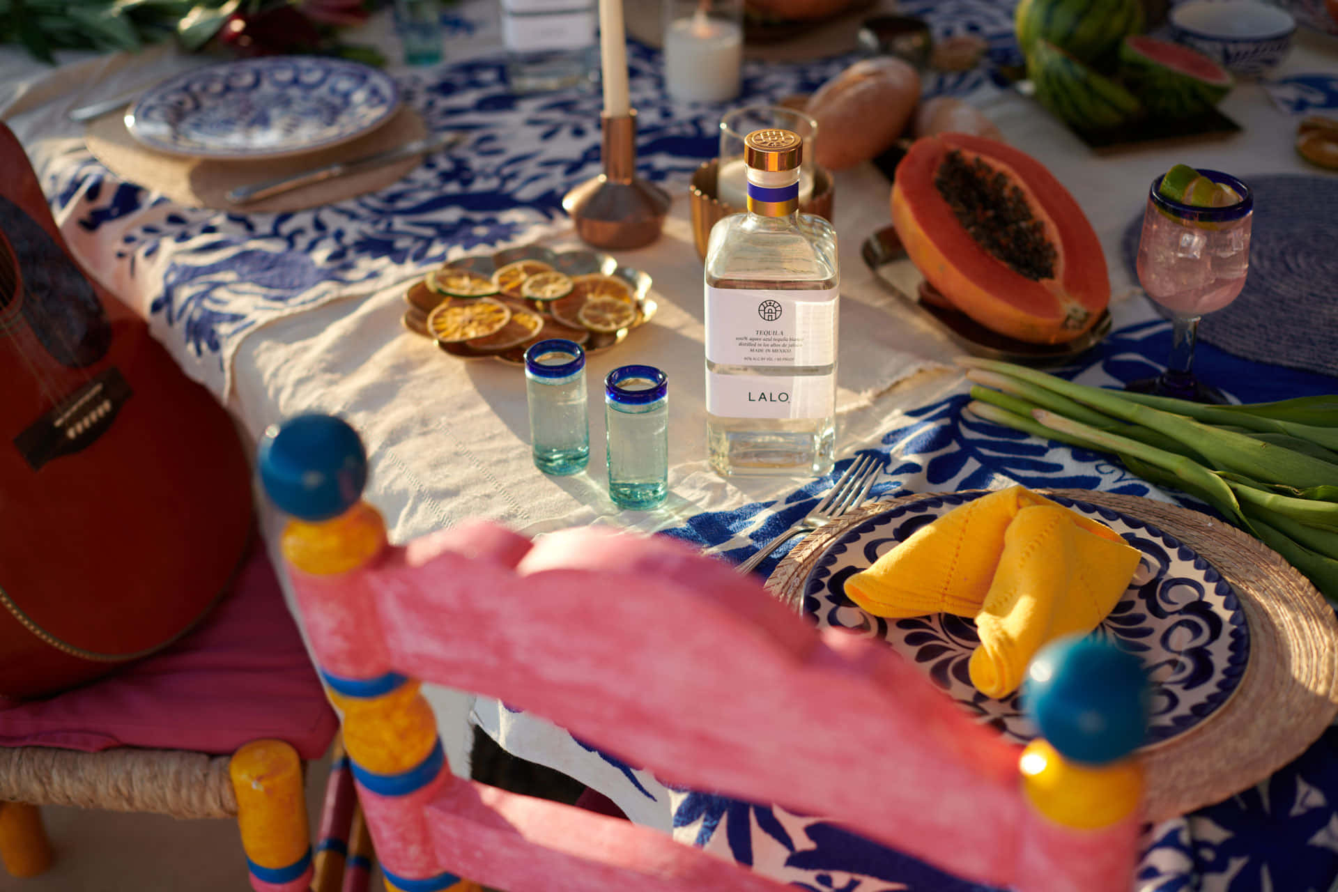 Lalo Tequila, blue and white patterned cloth, papaya slices, Full HD Desktop Wallpaper